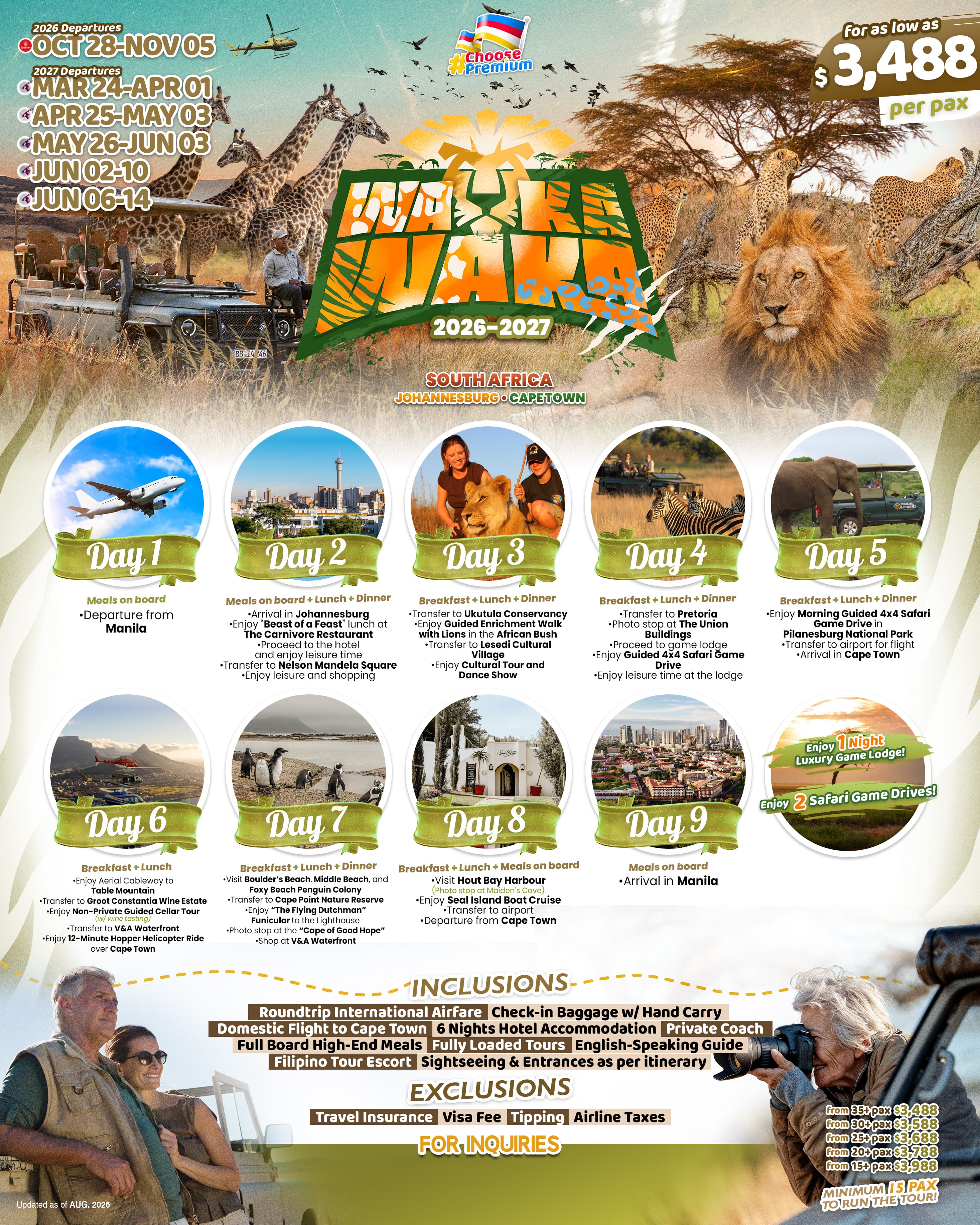 Waka Waka South Africa 2026–2027 safari tour flyer featuring Johannesburg and Cape Town, with giraffes, lions, elephants, cheetahs, safari vehicles, and scenic African landscapes. The flyer highlights 9 days of travel including Johannesburg, Pretoria, Pil