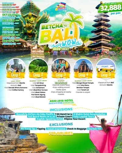 Betcha by Bali Wow 2026–2027 travel package flyer featuring beautiful Bali scenery, traditional temples, rice terraces, tropical landscapes, and Balinese cultural attractions. The 5-day itinerary includes Garuda Wisnu Kencana, Coffee Factory, Kintamani, T