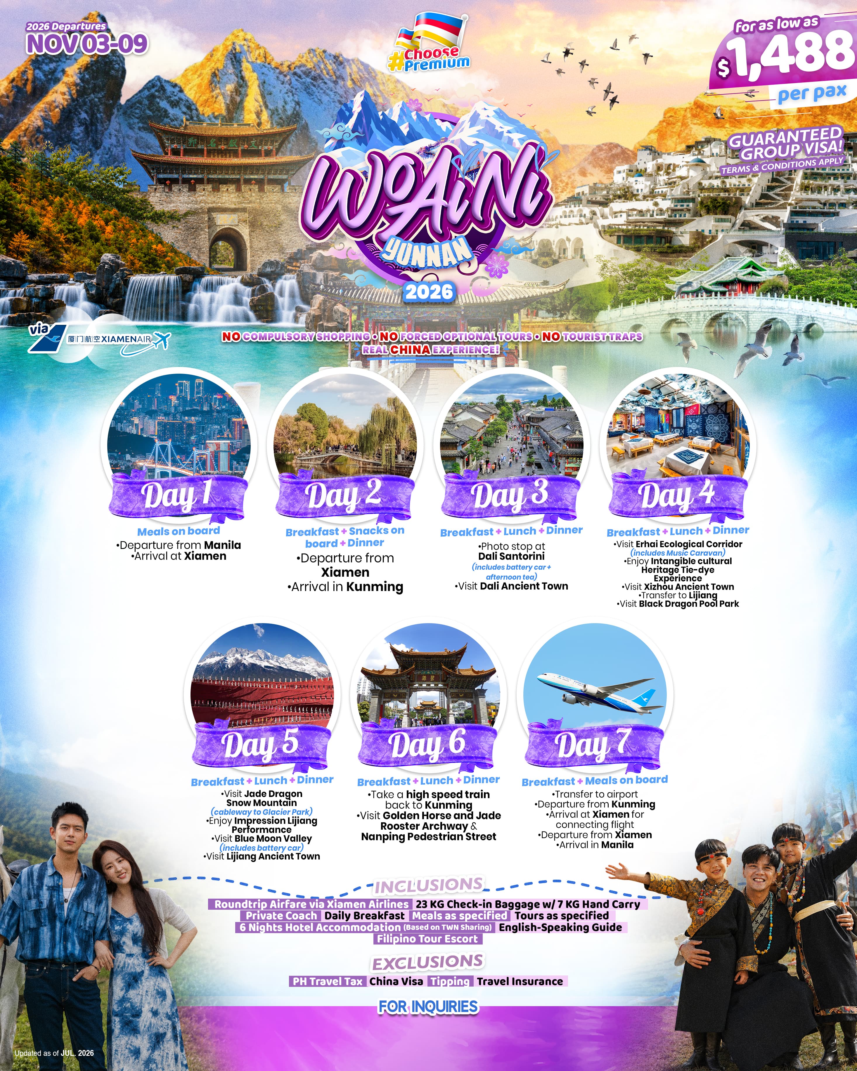 Wo Ai Ni Yunnan 2026 travel flyer featuring the scenic mountains, waterfalls, traditional Chinese architecture, ancient towns, and beautiful landscapes of Yunnan, China. The 7-day itinerary covers Xiamen, Kunming, Dali, and Lijiang, with highlights includ