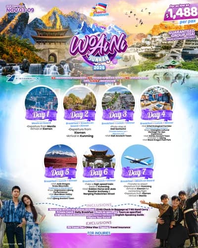 Wo Ai Ni Yunnan 2026 travel flyer featuring the scenic mountains, waterfalls, traditional Chinese architecture, ancient towns, and beautiful landscapes of Yunnan, China. The 7-day itinerary covers Xiamen, Kunming, Dali, and Lijiang, with highlights includ