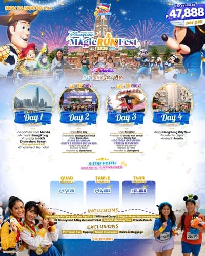 The file "HONG KONG (Disney Run-Out Manila) 2026 (3).jpg" is a promotional travel poster for the Hong Kong Disneyland Magic Run Fest 2026, scheduled for November 27 to 30, 2026. The top section features popular Disney characters like Mickey Mouse, Minnie
