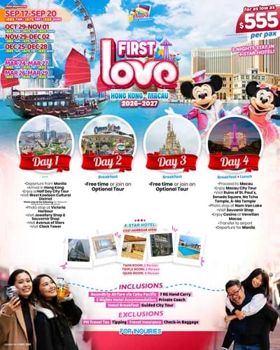 The file HONG KONG (First Love Hong Kong with Macau) 2026-2027 (8).jpg shows a promotional travel poster for a Hong Kong and Macau tour. The top displays the tour name and departure dates for 2026 and 2027 with corresponding prices. Mickey Mouse and Minni
