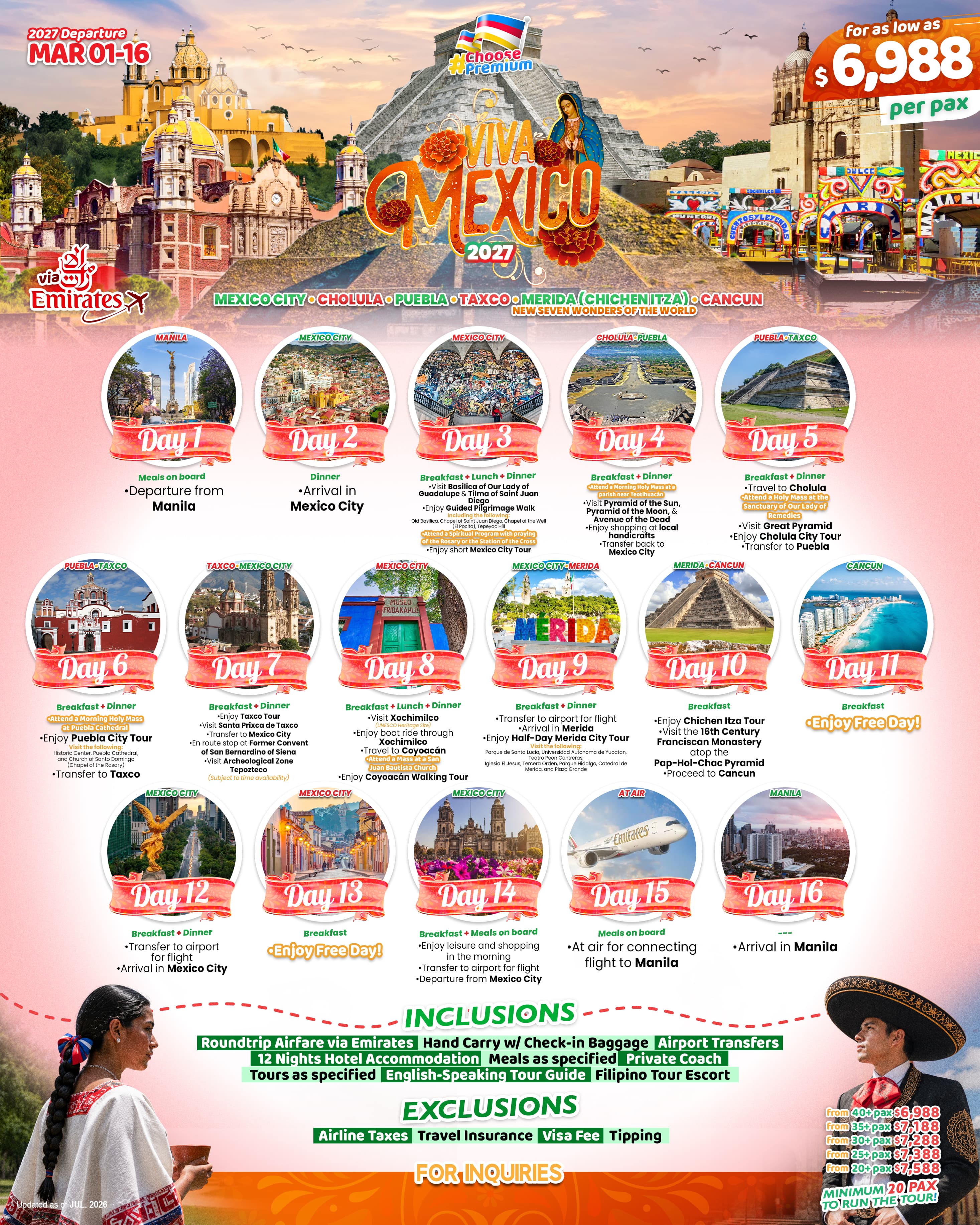 This $6,988 USD 16-day Emirates tour (March 01–16, 2027) covers Mexico City, Cholula, Puebla, Taxco, Merida, Chichen Itza, and Cancun, including airfare, hotels, meals, and guided tours.