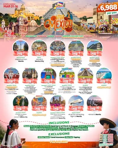 This $6,988 USD 16-day Emirates tour (March 01–16, 2027) covers Mexico City, Cholula, Puebla, Taxco, Merida, Chichen Itza, and Cancun, including airfare, hotels, meals, and guided tours.
